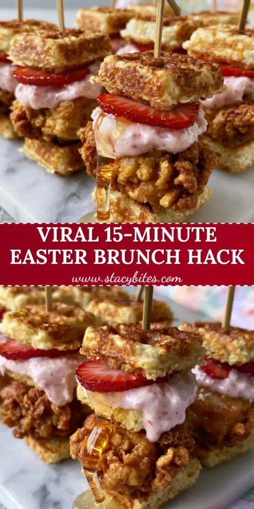 Easter recipes: Mini Buttermilk Waffle & Fried Chicken Sliders with Strawberry Honey Butter 4 A grid of 12 mini fried chicken and buttermilk waffle sliders on a white marble slab for Easter recipes.