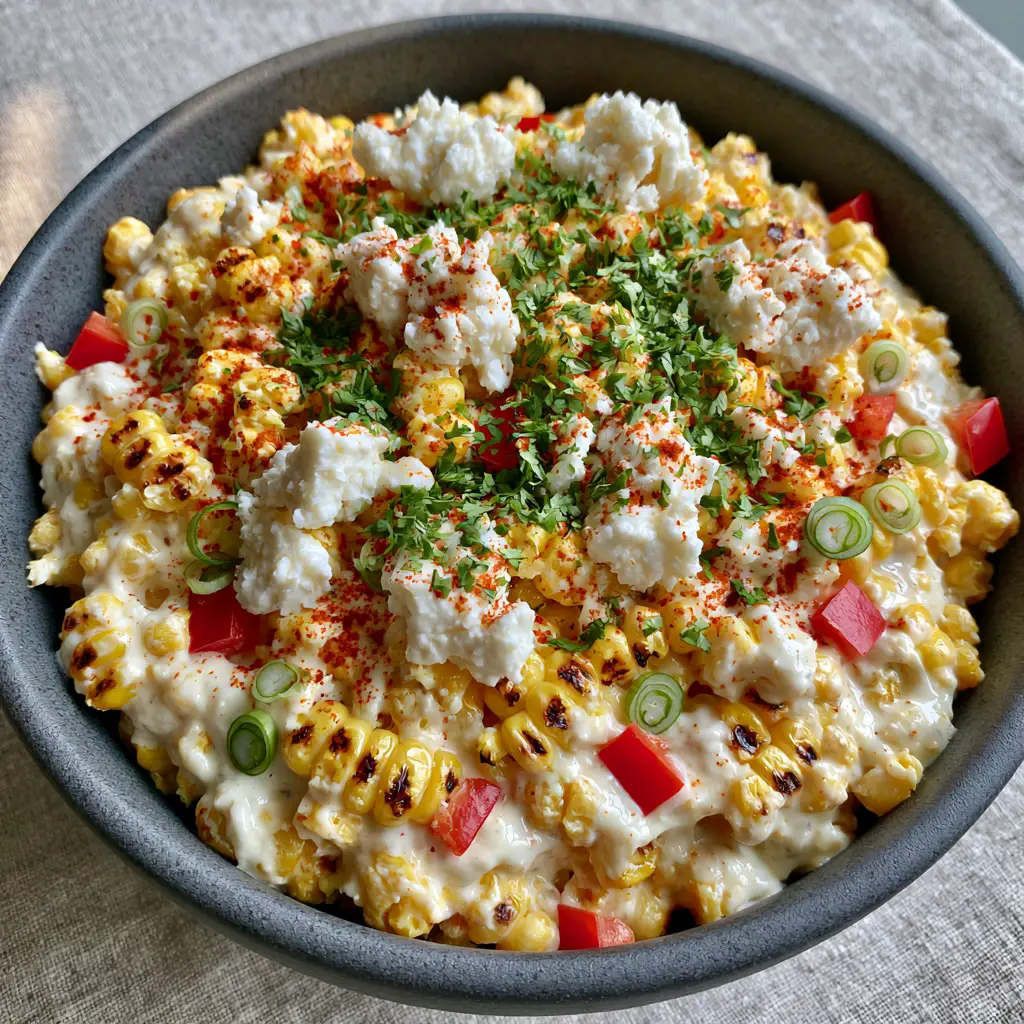 Corn Salad with Charred Sweet Corn and Thick Garlic-Lime Cream 2 Top-down view of charred sweet corn salad in a charcoal bowl with red bell peppers and feta crumbles. (corn salad)