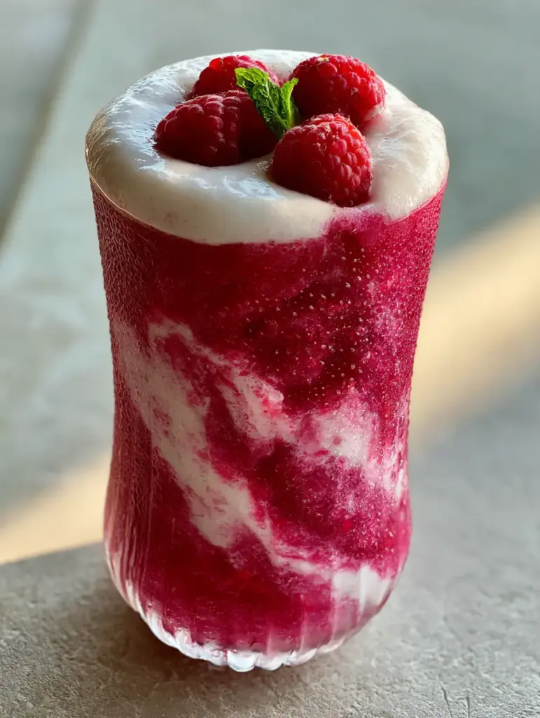 Raspberry Colada Twist: The Ultimate Frozen Tropical Escape 1 Raspberry Colada Twist at golden hour with water droplets on a ribbed glass and a mint leaf garnish.