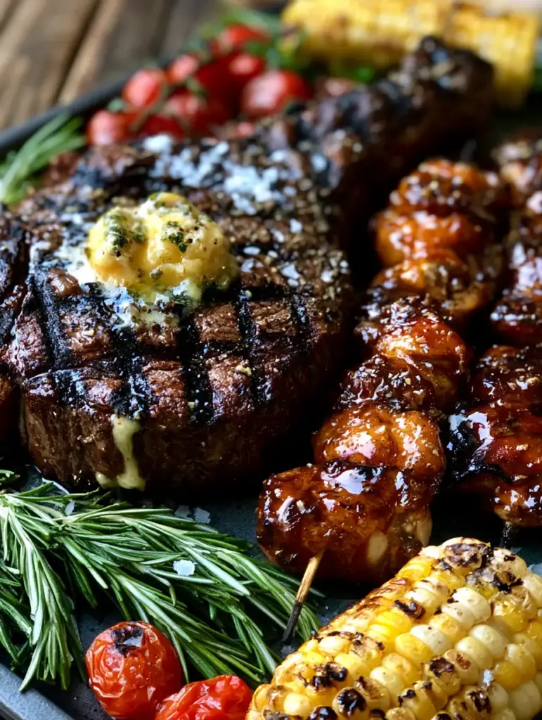 Summer Grilling Recipes: The Ultimate Ribeye and Honey-Chipotle Chicken Platter 1 Glossy honey-chipotle chicken skewers with caramelized edges next to charred corn. (summer grilling recipes)