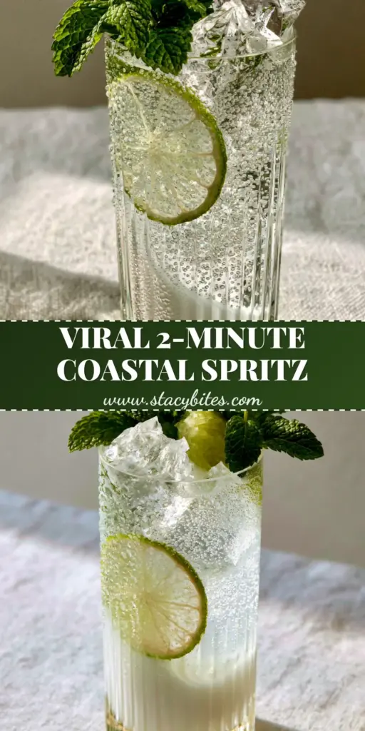 Coconut Spritz: The Ultimate 3-Ingredient Tropical Refresher 4 A tall ribbed glass featuring a Coconut Spritz with creamy white swirls and lime wheels on a white linen background.