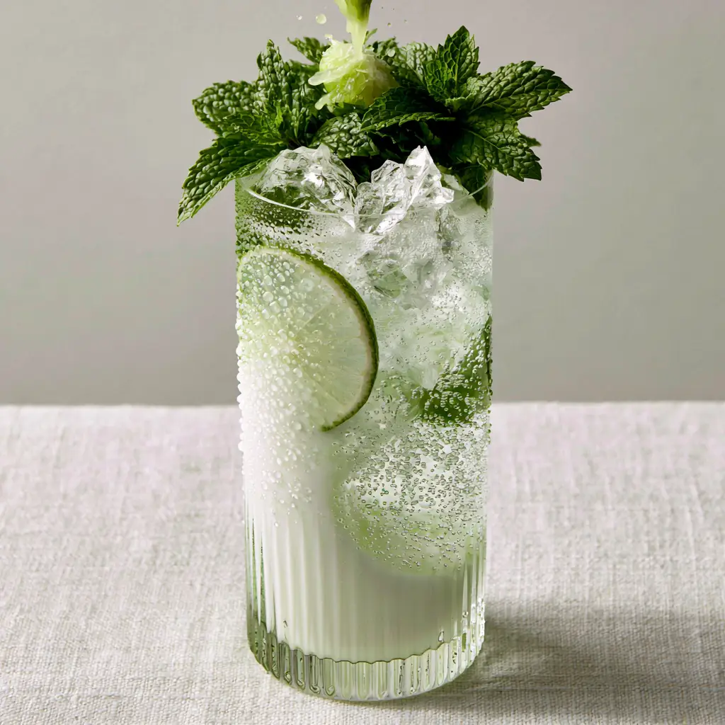 Coconut Spritz: The Ultimate 3-Ingredient Tropical Refresher 2 Detailed shot of Coconut Spritz in a ribbed glass with clear ice and effervescent bubbles. (Coconut Spritz)