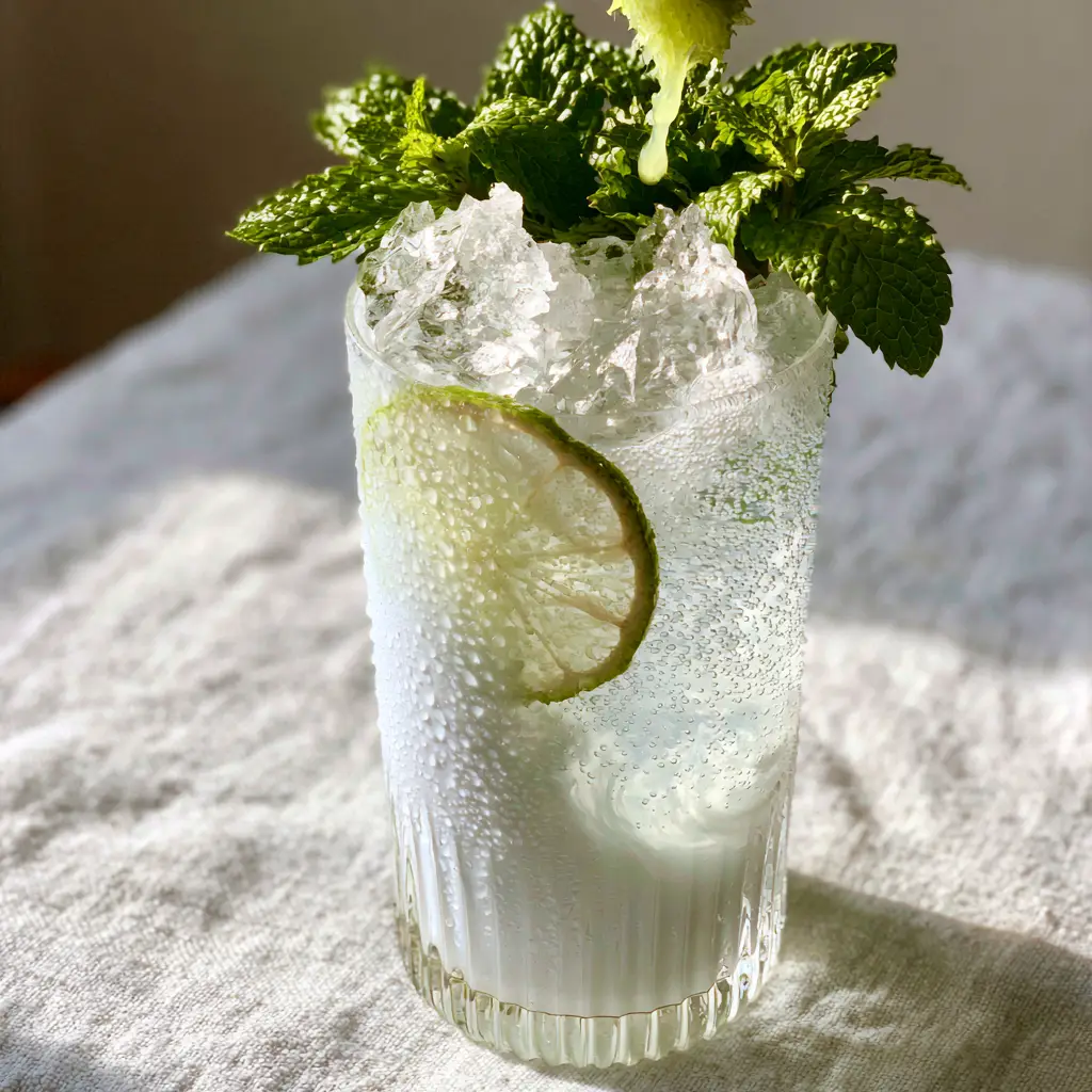 Coconut Spritz: The Ultimate 3-Ingredient Tropical Refresher 1 Close up of a Coconut Spritz showing condensation droplets and a fresh mint sprig garnish.