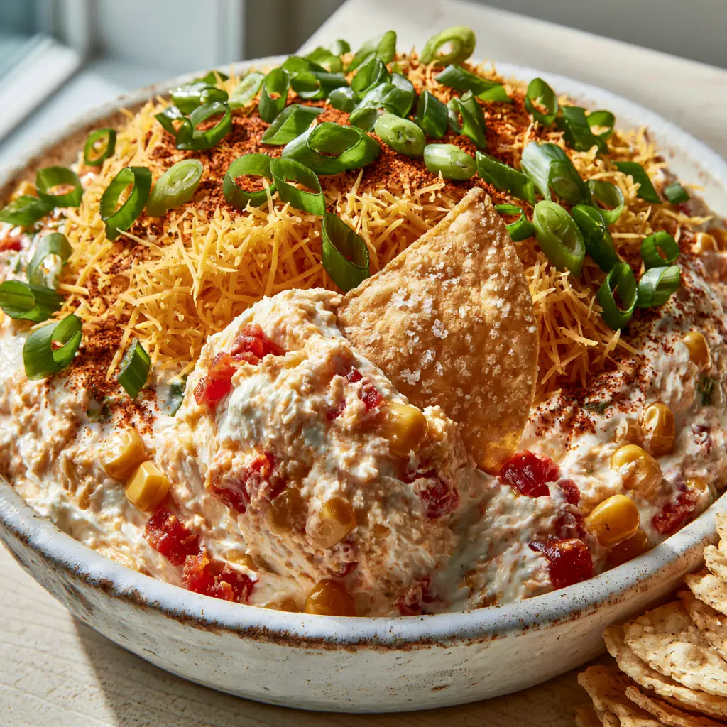 Boat Dip: The Ultimate Creamy Mexican Corn Party Appetizer 1 A close-up of a golden tortilla chip submerged in Boat Dip, lifting a textured glob of corn, cheese, and tomatoes. (Boat Dip)
