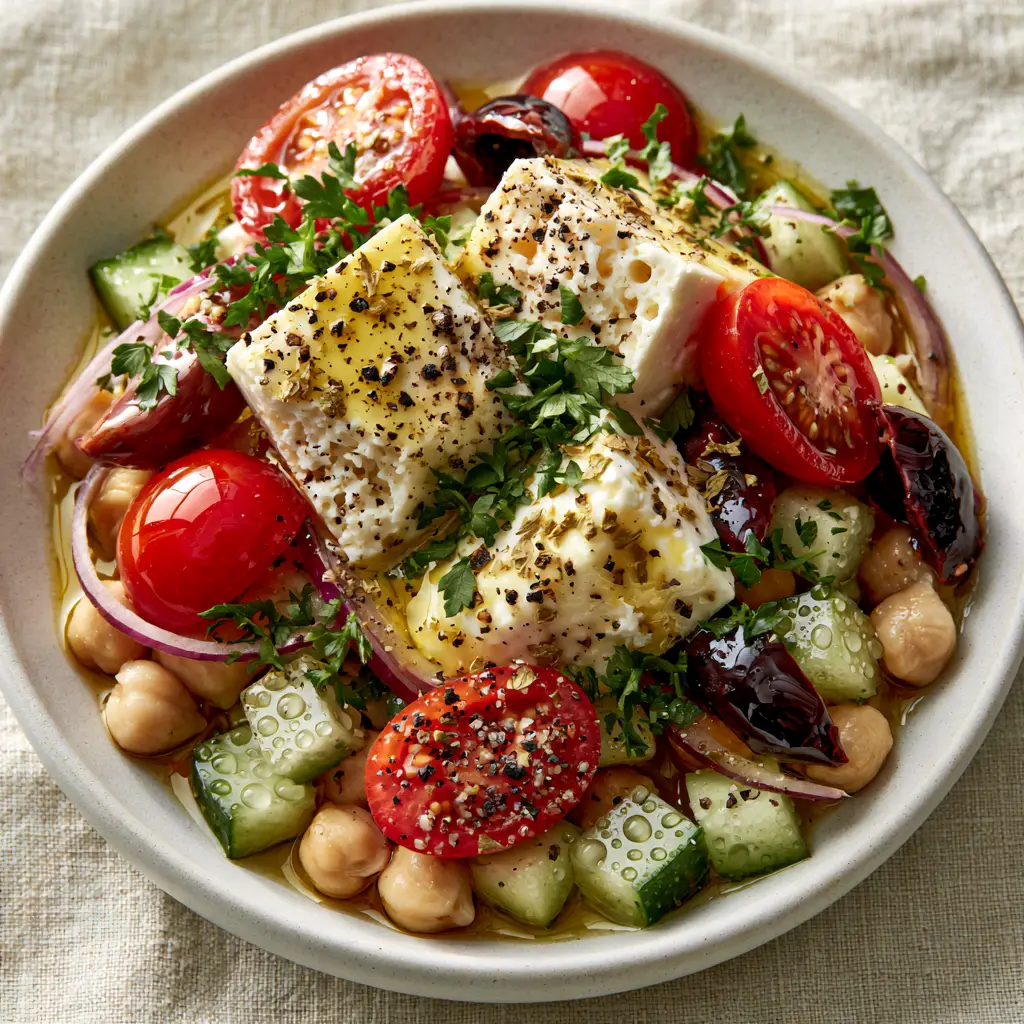 Mediterranean Feta Salad with Crisp Chickpeas and Lemon Vinaigrette 2 Close-up of Mediterranean Feta Salad showing the porous texture of large hand-broken feta blocks and dark Kalamata olives.