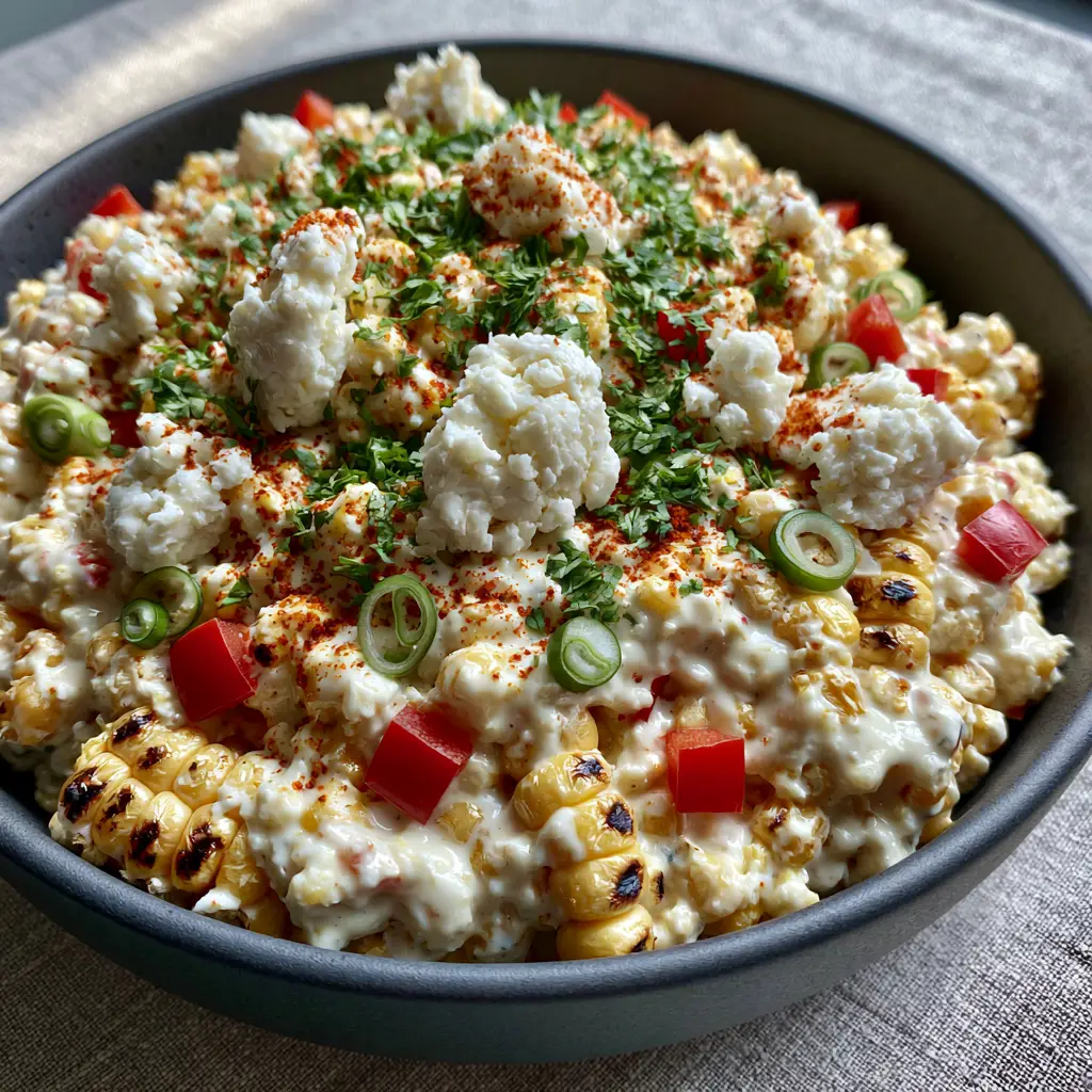 Corn Salad with Charred Sweet Corn and Thick Garlic-Lime Cream 1 Handheld photo showing the thick, glossy texture of the garlic-lime cream dressing on the corn salad.