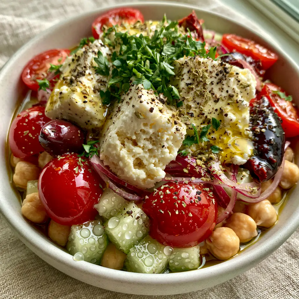 Mediterranean Feta Salad with Crisp Chickpeas and Lemon Vinaigrette 1 A top-down view of a Mediterranean Feta Salad showing the glistening gold vinaigrette and vibrant green parsley.