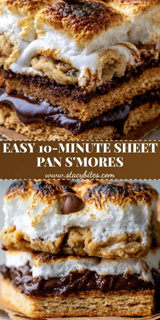 S'mores Cookie Bars with Toasted Marshmallow and Dark Chocolate Ganache 3 A stack of three thick S'mores cookie bars on torn parchment paper showing layers of graham cracker crust, dark chocolate, and charred marshmallows.