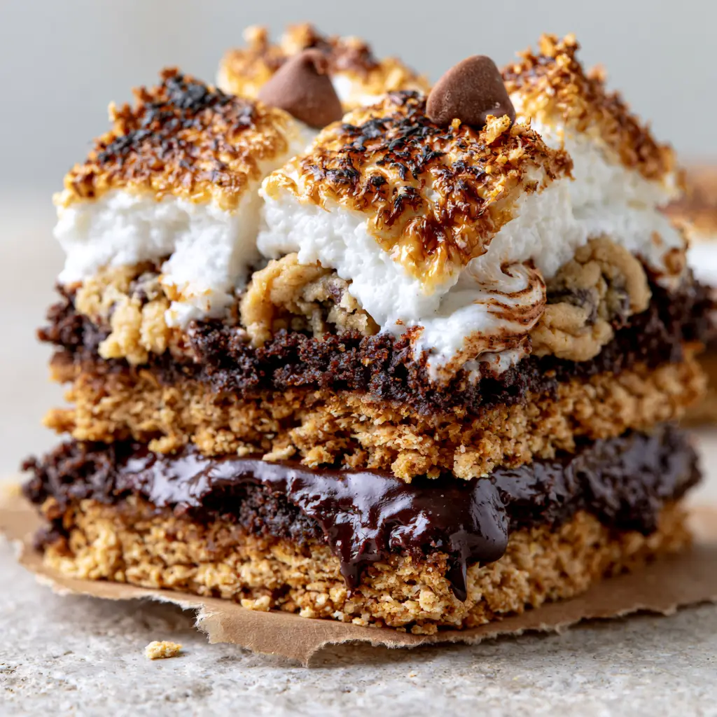 S'mores Cookie Bars with Toasted Marshmallow and Dark Chocolate Ganache 2 Extreme macro close-up of S'mores cookie bars with golden graham cracker crust and oozing dark chocolate ganache.