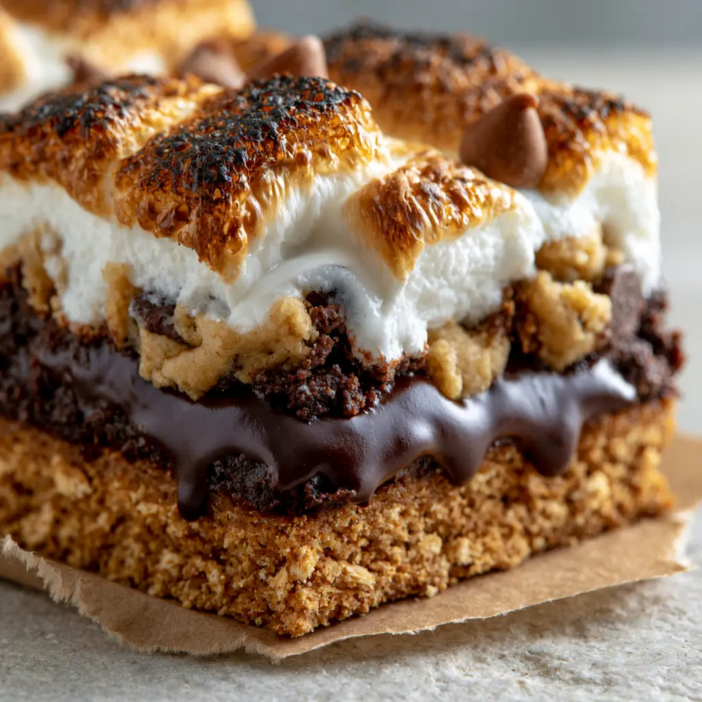 S'mores Cookie Bars with Toasted Marshmallow and Dark Chocolate Ganache 1 Close-up of toasted marshmallows with charred peaks on top of S'mores cookie bars.