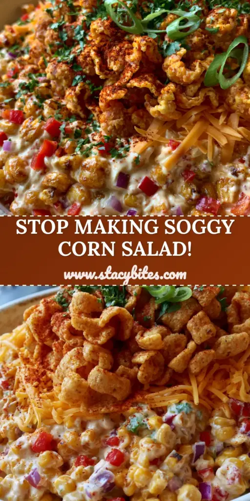 Frito corn salad with Charred Corn and Chili Cheese Crunch 4 A high-angle photo of a vibrant Frito corn salad in a white bowl, topped with a mountain of Chili Cheese Fritos and fresh cilantro.