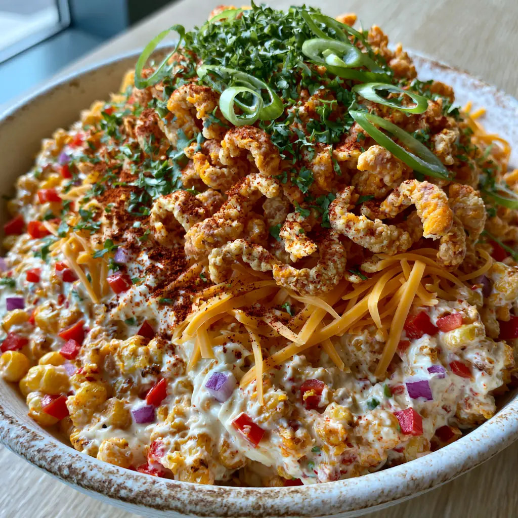 Frito corn salad with Charred Corn and Chili Cheese Crunch 2 Close-up of charred sweet corn kernels and red bell peppers in a creamy Frito corn salad dressing.