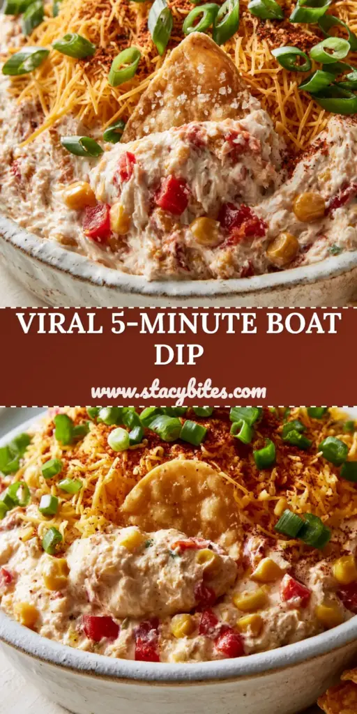 Boat Dip: The Ultimate Creamy Mexican Corn Party Appetizer 4 A rustic white bowl filled with creamy Boat Dip, topped with fine-shredded cheddar, green onions, and taco seasoning, with a single tortilla chip scooping a heavy glob. (Boat Dip)
