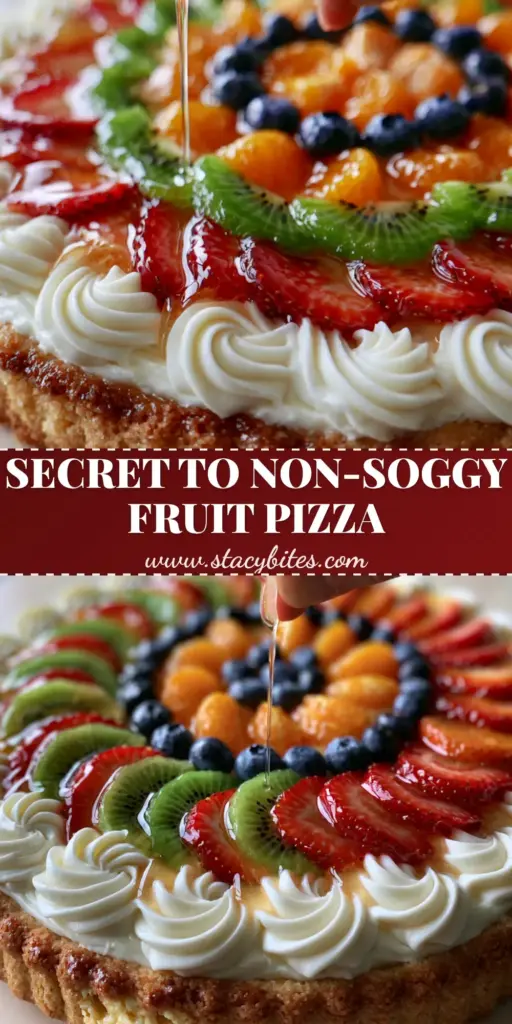Fruit Pizza with a Thick Sugar Cookie Crust and Cream Cheese Frosting 4 A thick 1-inch bakery-style Fruit Pizza with concentric circles of glazed strawberries, kiwi, blueberries, and mandarin oranges on piped cream cheese rosettes.