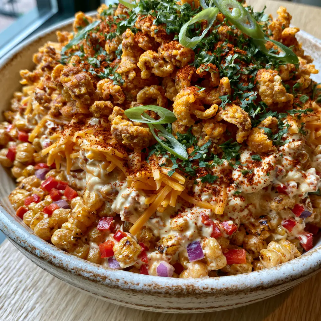 Frito corn salad with Charred Corn and Chili Cheese Crunch 1 A large bowl of Frito corn salad showing heavy layers of shredded orange cheddar and crisp corn chips.