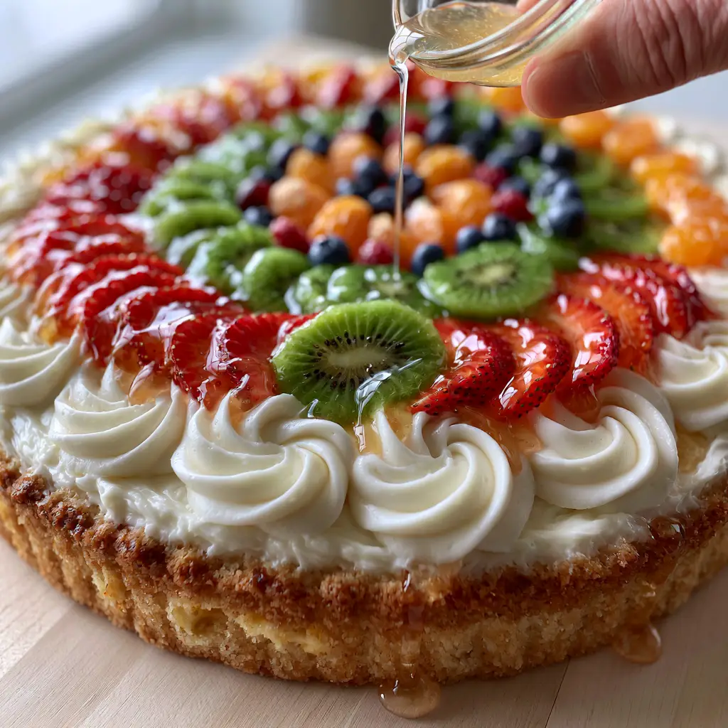 Fruit Pizza with a Thick Sugar Cookie Crust and Cream Cheese Frosting 2 Macro low-angle shot of a Fruit Pizza showing the 1-inch thick golden-brown sugar cookie crust and decorative frosting rosettes.
