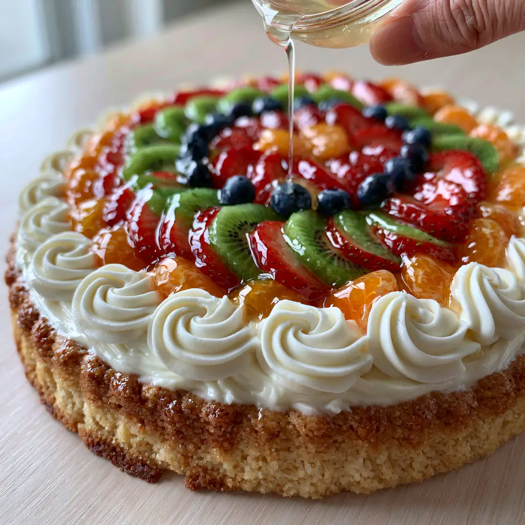 Fruit Pizza with a Thick Sugar Cookie Crust and Cream Cheese Frosting 1 A human hand drizzling clear apricot glaze from a glass bowl onto vibrant fresh fruit on a Fruit Pizza.