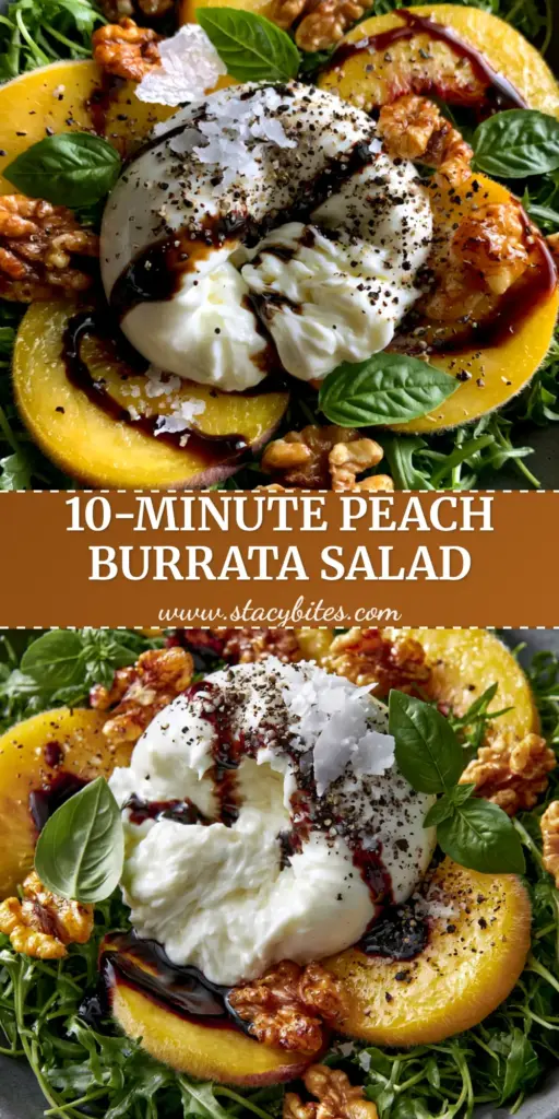 Summer Peach Salad with Creamy Burrata and Balsamic Glaze 4 A professional top-down shot of a summer peach salad featuring thick yellow peach slices, torn creamy burrata, and dark balsamic glaze in a charcoal bowl.