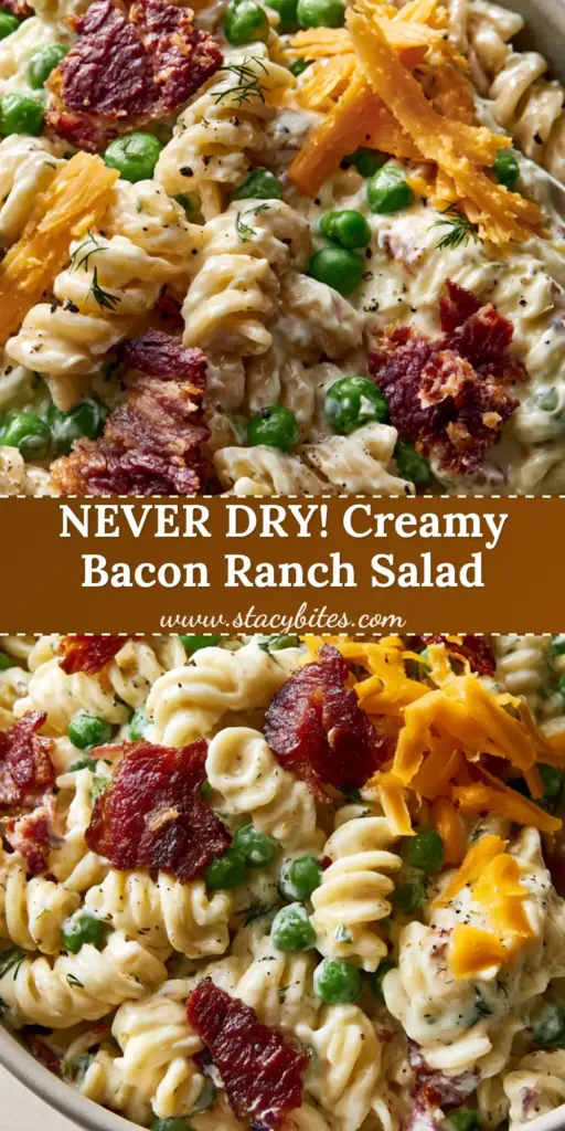 Ranch Pasta Salad with Crispy Bacon and Sharp Cheddar 4 A top-down view of ranch pasta salad in a matte bowl with a silver spoon, showing rotini, bacon, and peas.
