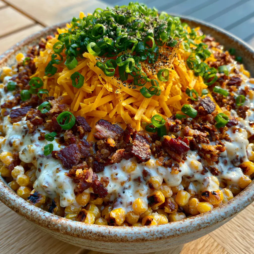 Crack Corn Salad with Charred Sweet Corn and Crispy Bacon 2 A close-up shot of charred sweet corn kernels and crispy bacon crumbles in a rustic stoneware bowl. (crack corn salad)