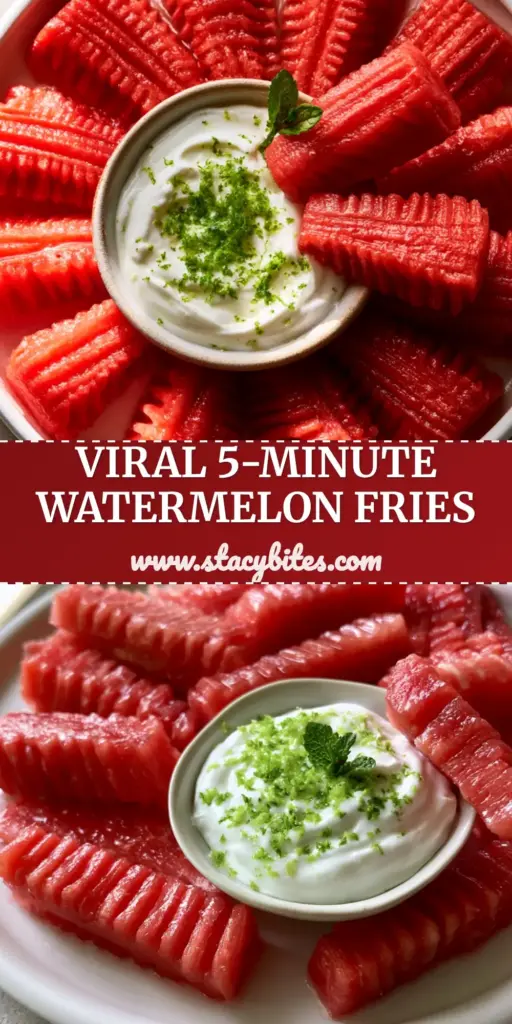 Watermelon Fries with Honey Lime Greek Yogurt Dip 4 A plate of vibrant red crinkle-cut watermelon fries with a bowl of white yogurt dip and lime zest garnish.