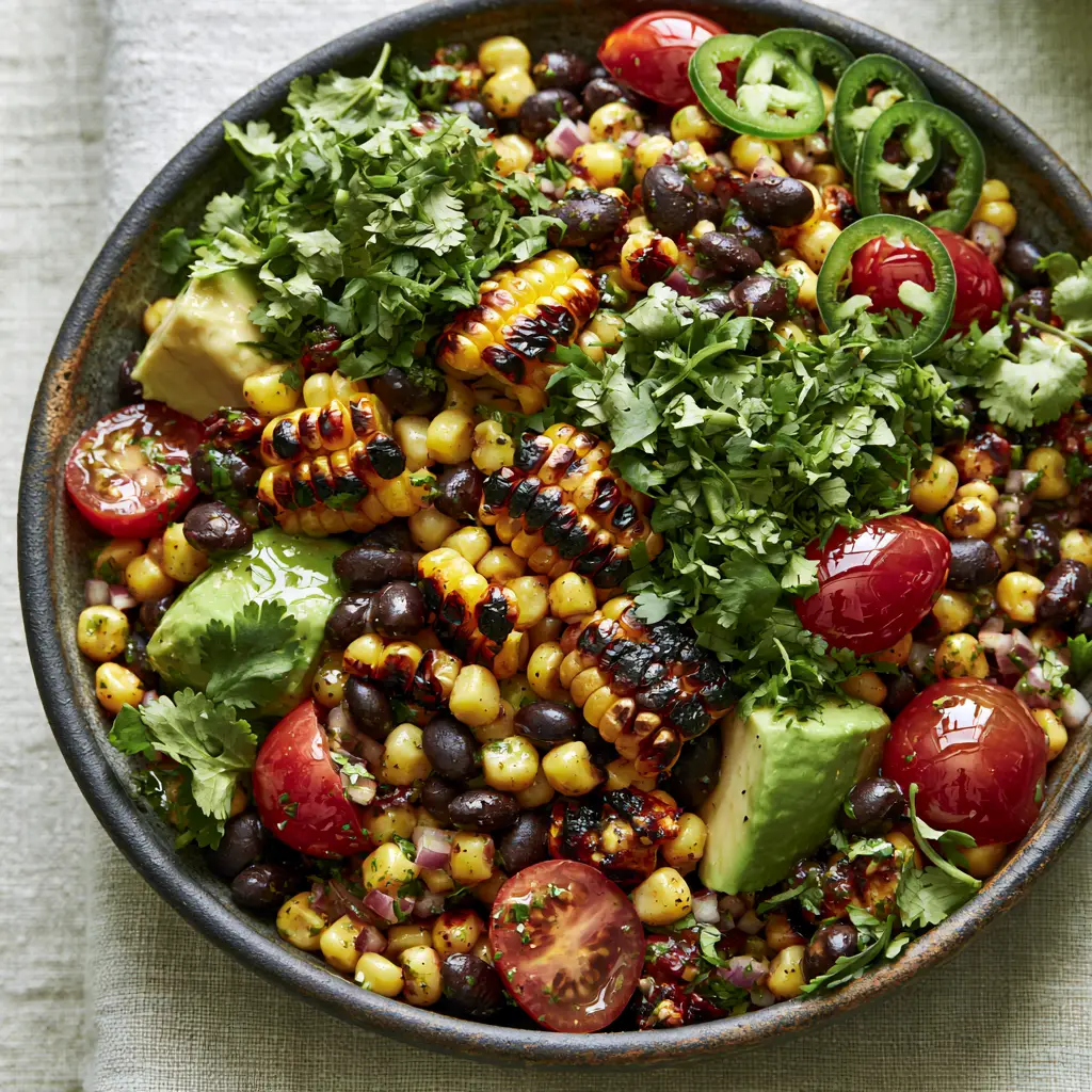 Charred Corn and Black Bean Salad with Zesty Cilantro Lime Vinaigrette 2 Wide-angle top-down view of a vibrant Charred Corn and Black Bean Salad in a charcoal ceramic bowl with morning sunlight.