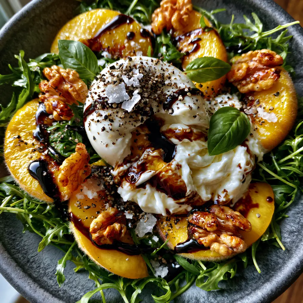 Summer Peach Salad with Creamy Burrata and Balsamic Glaze 2 Macro view of a summer peach salad showing the fuzzy texture of golden peaches and the creamy interior of torn burrata cheese.