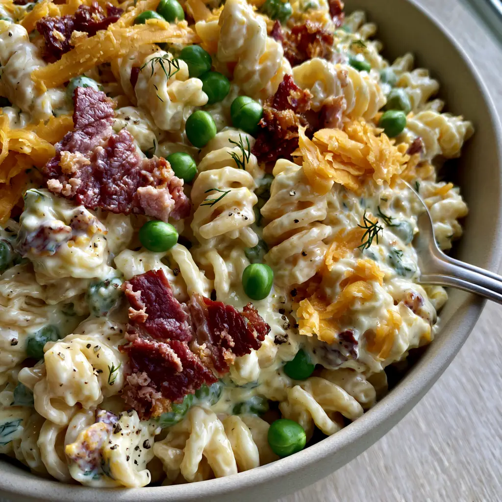 Ranch Pasta Salad with Crispy Bacon and Sharp Cheddar 2 Extreme close-up of glossy ranch pasta salad with thick buttermilk dressing, rotini, and jagged bacon pieces.