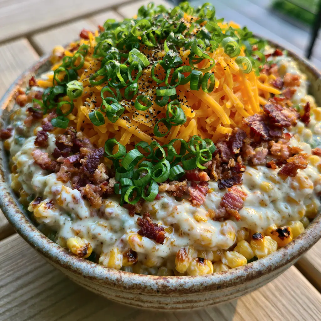 Crack Corn Salad with Charred Sweet Corn and Crispy Bacon 1 Creamy dressing glistening on corn kernels with a mountain of bright orange cheddar cheese shreds on top.