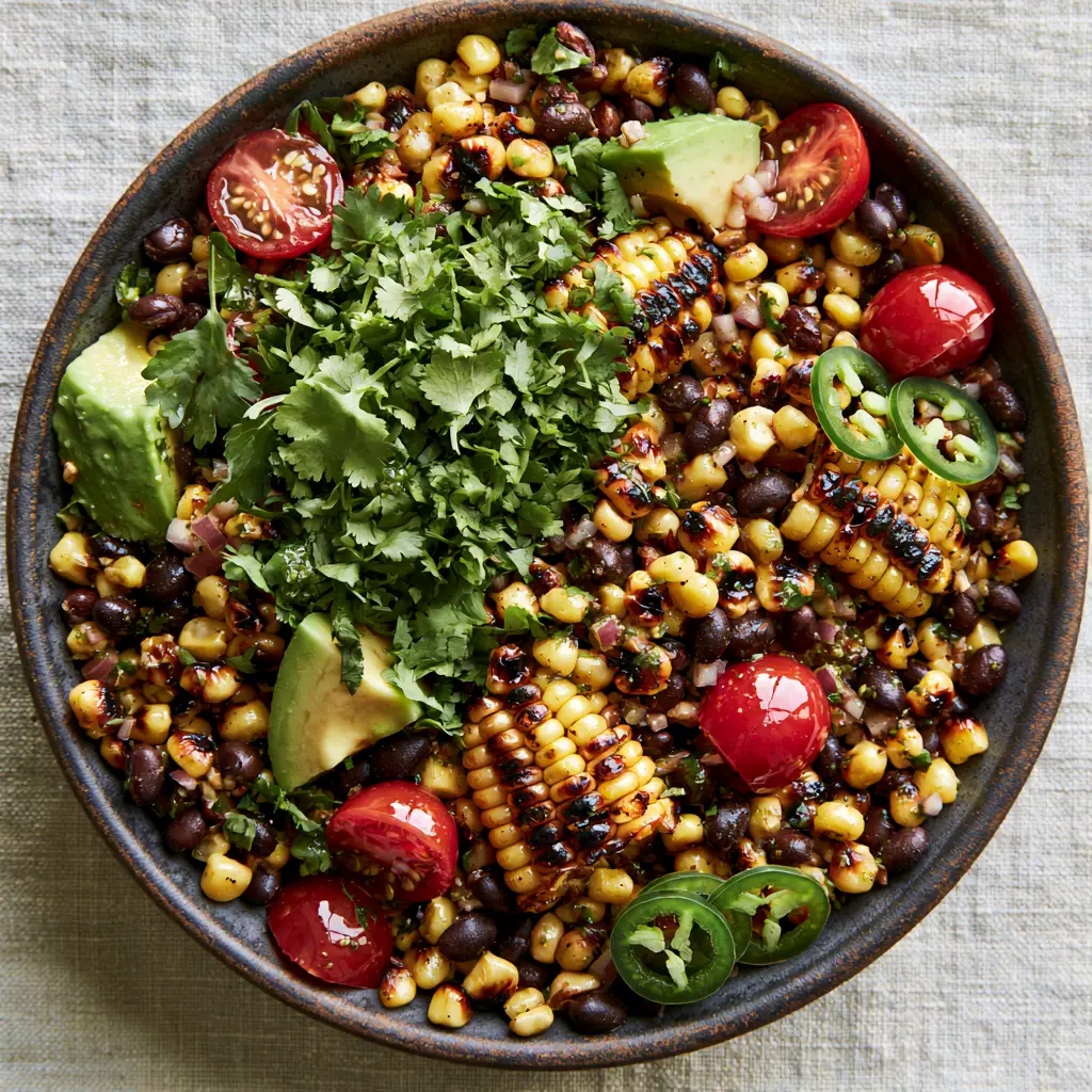 Charred Corn and Black Bean Salad with Zesty Cilantro Lime Vinaigrette 1 Close up of deep-charred corn kernels and matte black beans with a subtle glossy vinaigrette sheen.