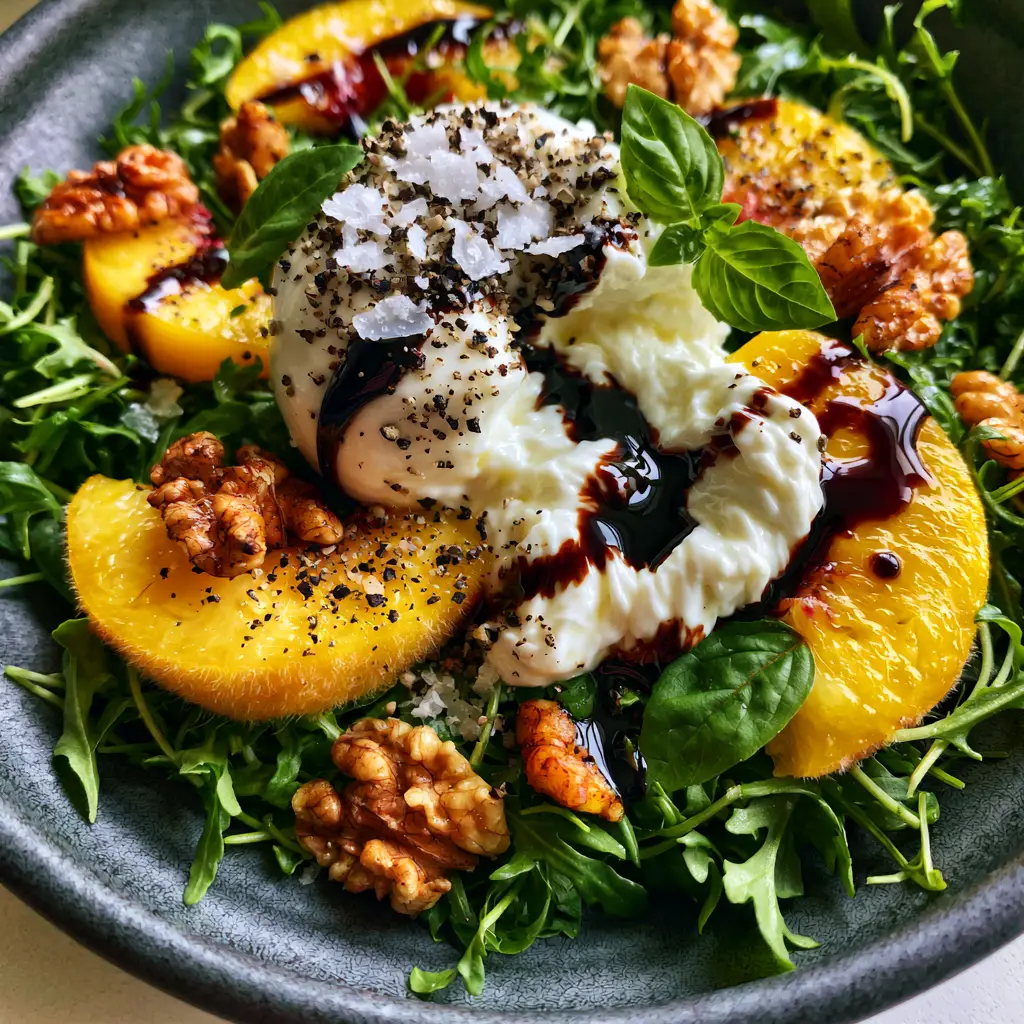 Summer Peach Salad with Creamy Burrata and Balsamic Glaze 1 Overhead view of summer peach salad with emerald basil leaves and thick obsidian balsamic glaze drizzle on a dark ceramic plate.