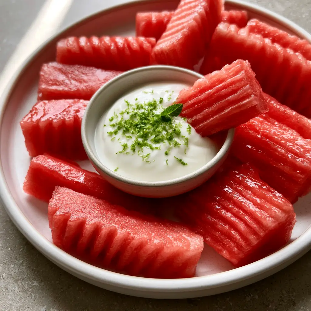 Watermelon Fries with Honey Lime Greek Yogurt Dip 2 Top-down view of crinkle-cut watermelon fries arranged on a white ceramic plate around a yogurt dip bowl. (watermelon fries)