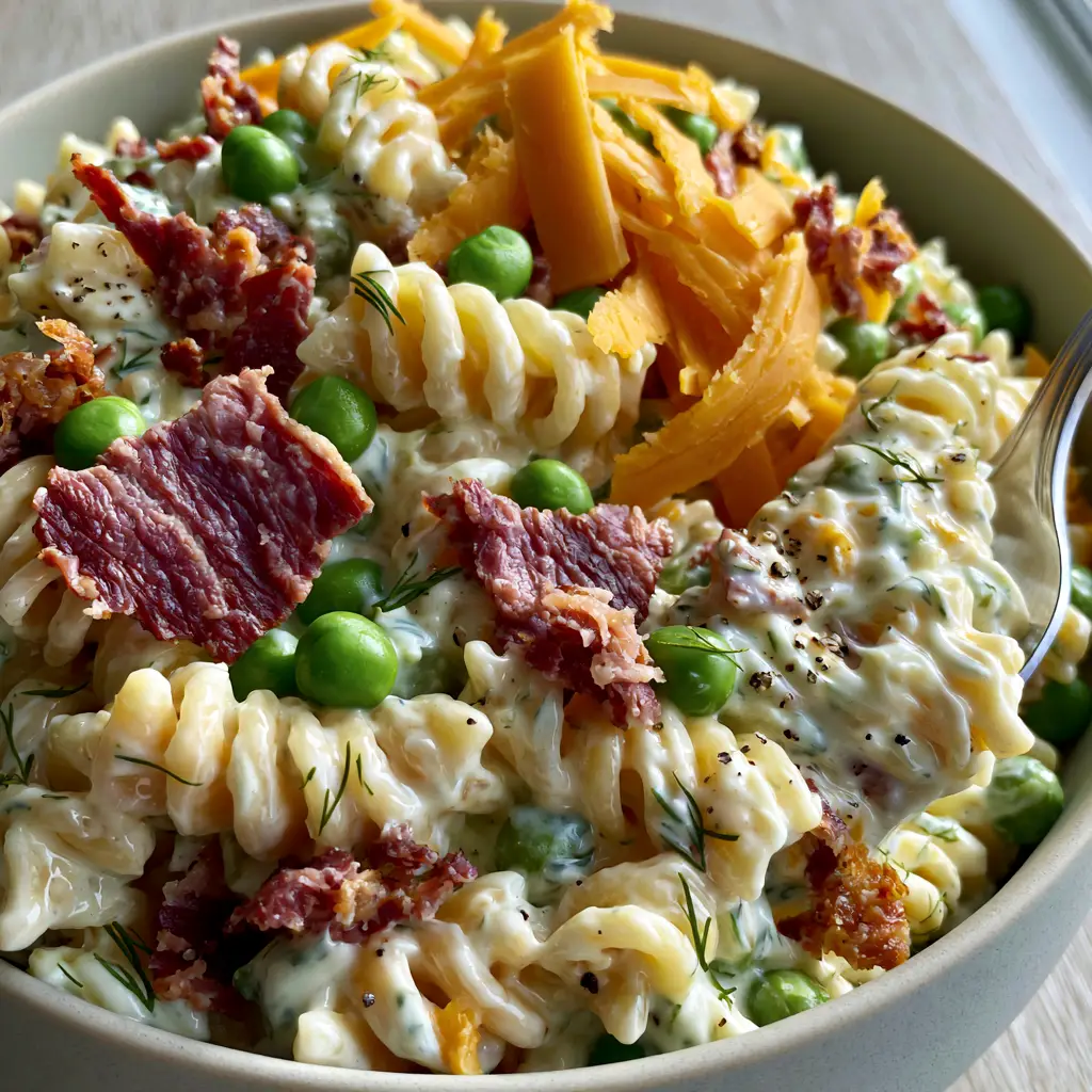 Ranch Pasta Salad with Crispy Bacon and Sharp Cheddar 1 A close-up of ranch pasta salad highlighting the vibrant green peas and sharp orange cheddar shreds.