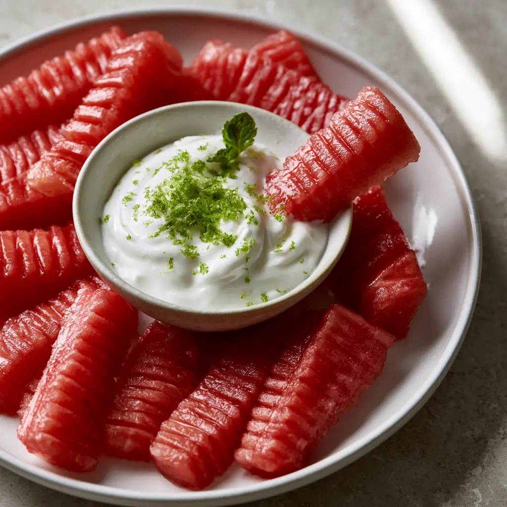 Watermelon Fries with Honey Lime Greek Yogurt Dip 1 Close-up of watermelon fries showing the glistening moisture and Tajin seasoning dusting.