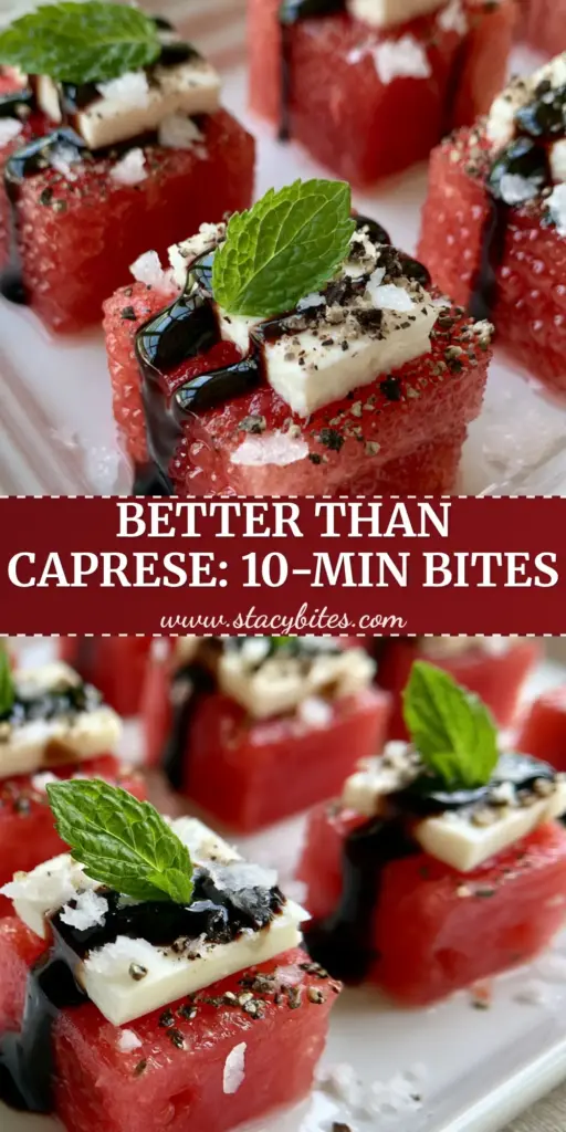 Watermelon Canapes Recipe: The Ultimate Gourmet Summer Appetizer 4 A top-down view of gourmet Watermelon Canapes arranged on a white platter with balsamic drizzle and mint. (Watermelon Canapes recipe)