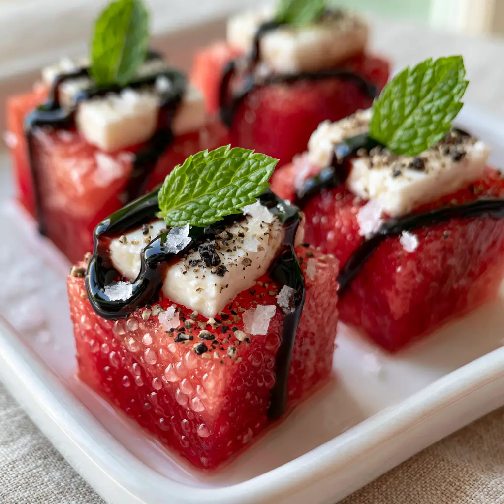 Watermelon Canapes Recipe: The Ultimate Gourmet Summer Appetizer 2 Extreme close-up of chilled ruby red watermelon cubes with sea salt and balsamic ribbons. (Watermelon Canapes recipe)