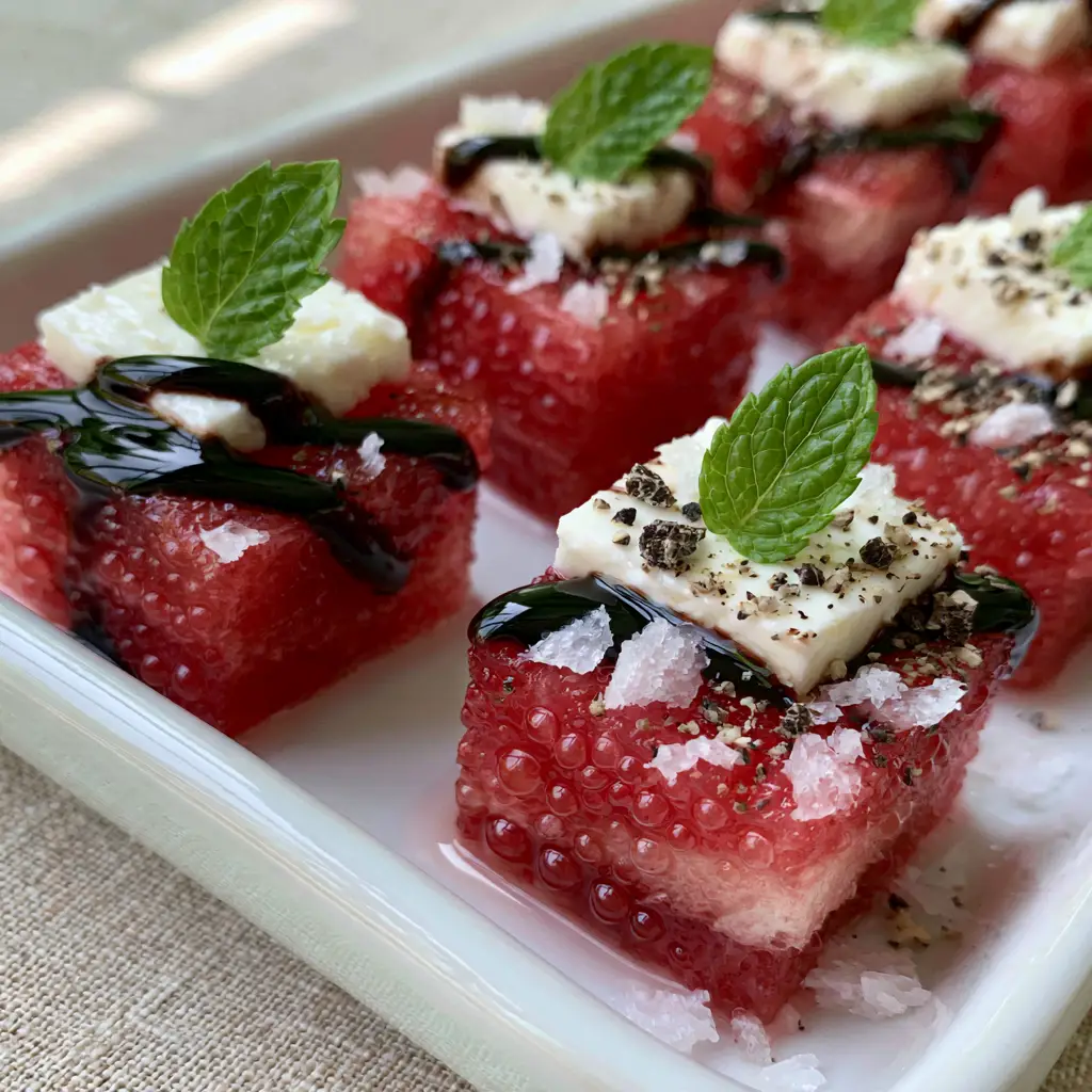 Watermelon Canapes Recipe: The Ultimate Gourmet Summer Appetizer 1 Bite-sized watermelon cubes topped with creamy white feta and vibrant mint leaves.