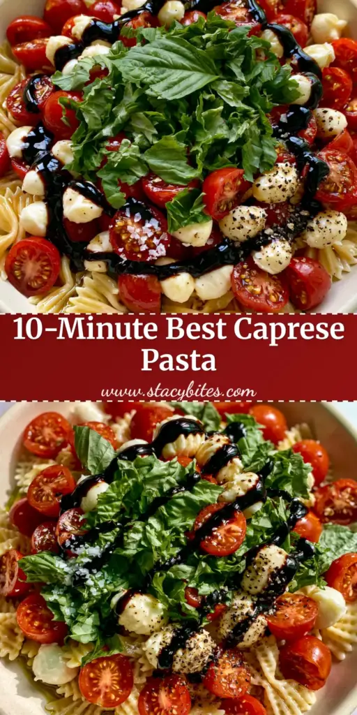 Caprese Pasta Salad With Glossy Balsamic Glaze and Fresh Mozzarella Pearls 3 A top-down gourmet Caprese pasta salad in a cream bowl with farfalle, cherry tomatoes, mozzarella pearls, and a balsamic glaze zig-zag.