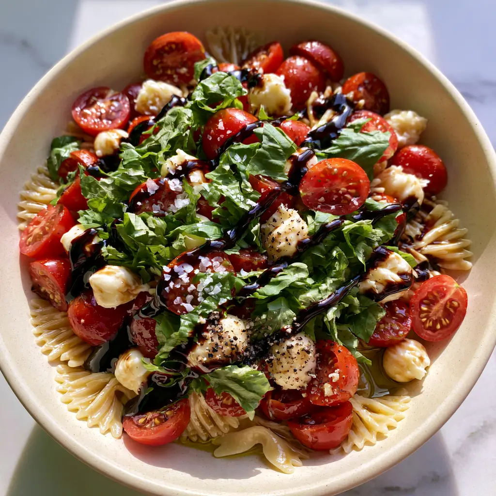 Caprese Pasta Salad With Glossy Balsamic Glaze and Fresh Mozzarella Pearls 2 Close-up of shimmering farfalle pasta ribbons coated in olive oil and cracked black pepper for a Caprese pasta salad.