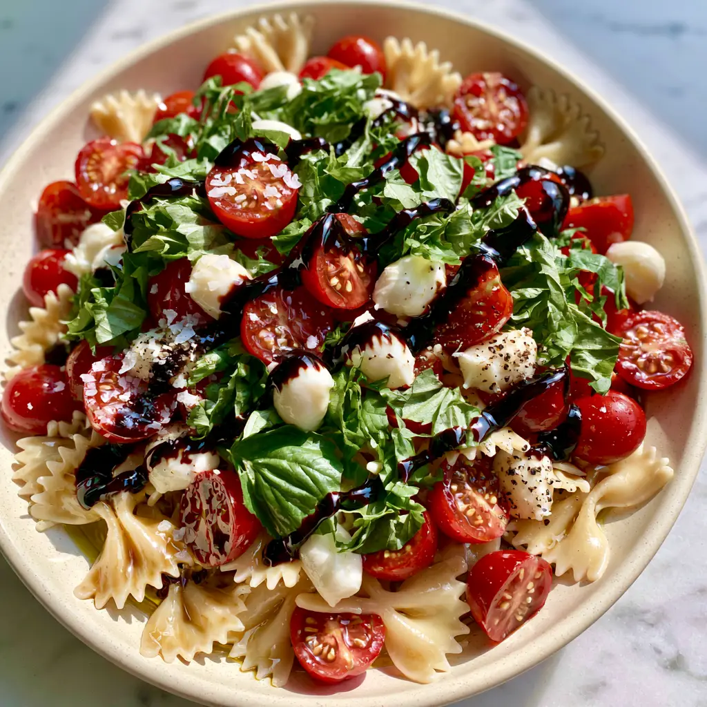 Caprese Pasta Salad With Glossy Balsamic Glaze and Fresh Mozzarella Pearls 1 Vibrant torn basil and juicy halved cherry tomatoes layered over mozzarella pearls in a matte cream bowl.