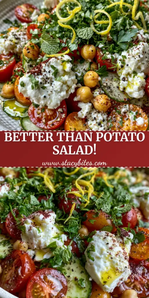 Summer Side Dishes: The Ultimate Mediterranean Chickpea and Cucumber Salad with Sumac 4 A top-down view of a Mediterranean cucumber and tomato salad with feta and chickpeas, the ultimate summer side dishes. (summer side dishes)