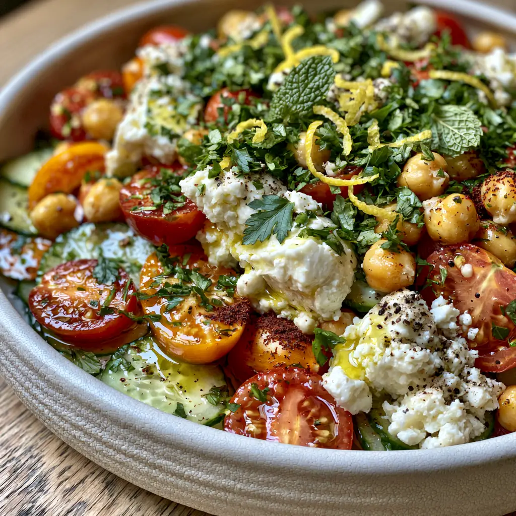 Summer Side Dishes: The Ultimate Mediterranean Chickpea and Cucumber Salad with Sumac 2 Close-up of paper-thin cucumbers, heirloom tomatoes, and creamy feta chunks in a white bowl. (summer side dishes)