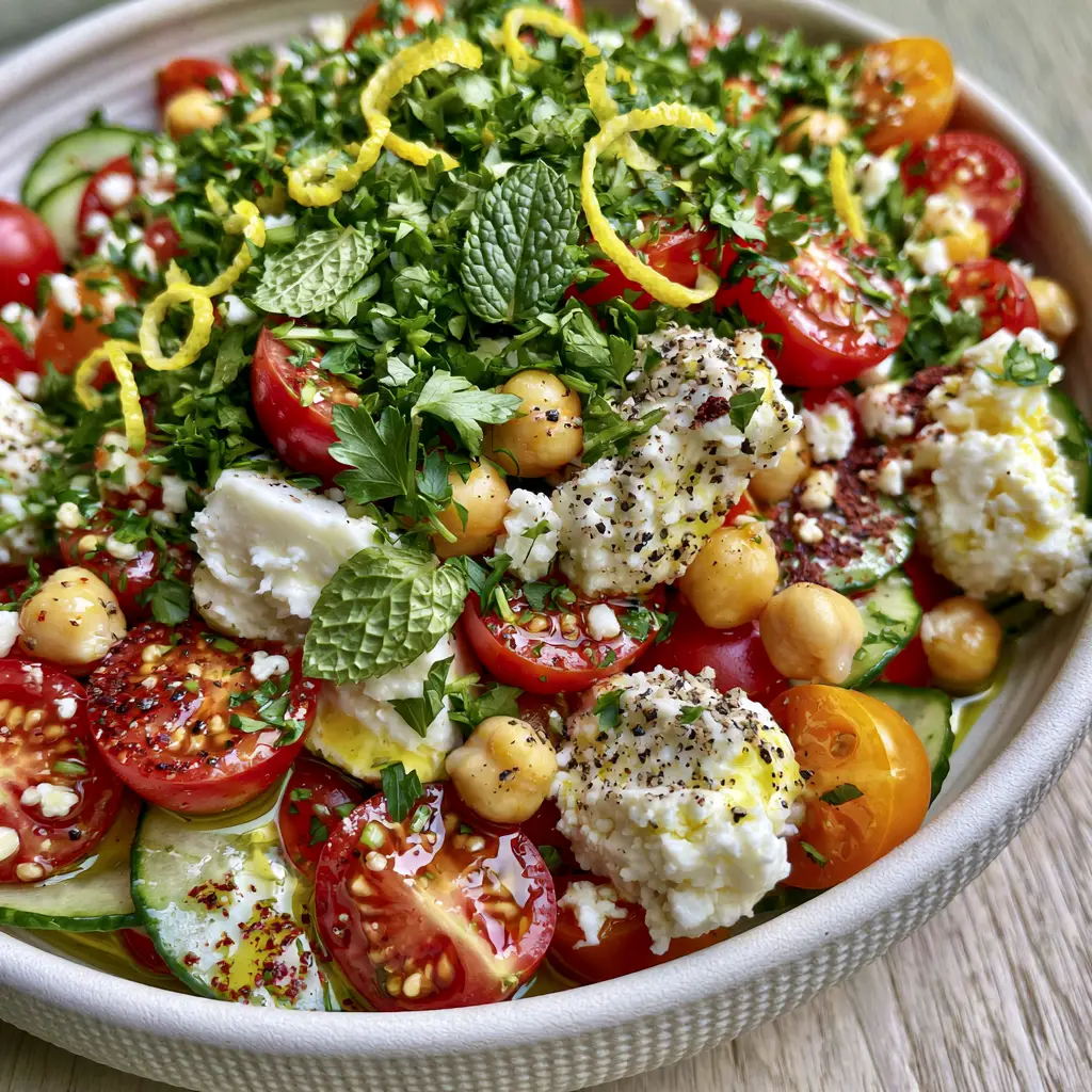Summer Side Dishes: The Ultimate Mediterranean Chickpea and Cucumber Salad with Sumac 1 Vibrant Mediterranean salad topped with fresh mint, parsley, and lemon zest curls. (summer side dishes)