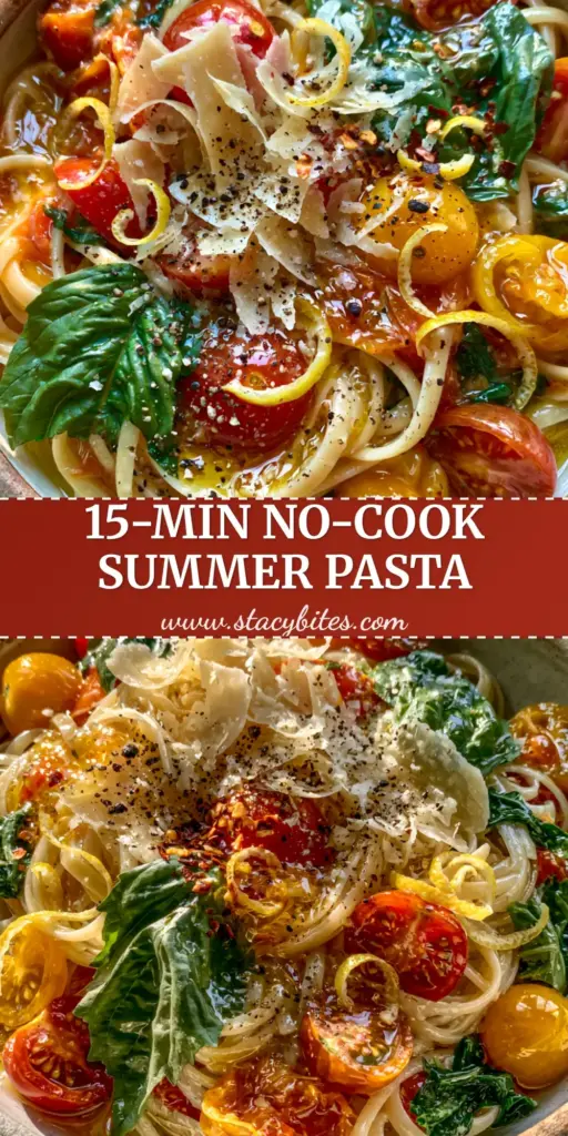 Summer Garden Pasta: The Ultimate 15-Minute Fresh Tomato Linguine 4 A close-up vertical shot of Summer Garden Pasta in a rustic bowl with linguine, tomatoes, and lemon zest strips.