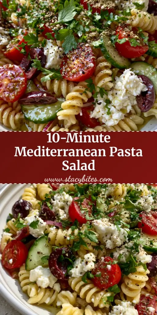 Summer Pasta Salad with Zesty Lemon-Herb Vinaigrette and Feta 3 A top-down view of a vibrant summer pasta salad in a white bowl featuring rotini, cherry tomatoes, and feta cheese.