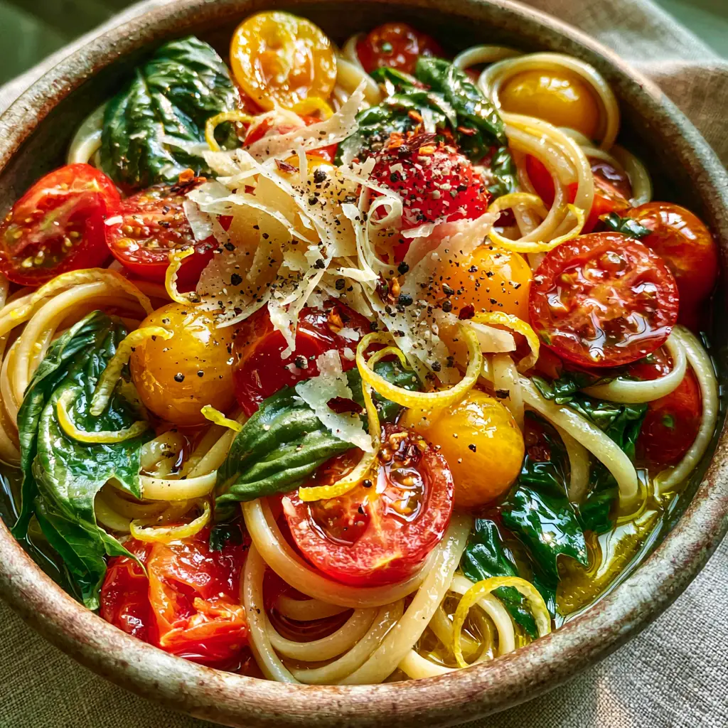 Summer Garden Pasta: The Ultimate 15-Minute Fresh Tomato Linguine 2 A handheld smartphone photo of Summer Garden Pasta featuring glistening linguine and vibrant halved tomatoes. (Summer Garden Pasta)