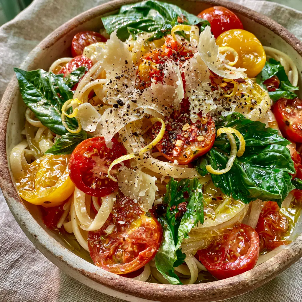 Summer Garden Pasta: The Ultimate 15-Minute Fresh Tomato Linguine 1 Wide curls of parmesan cheese and lemon zest strips atop a bowl of Summer Garden Pasta.