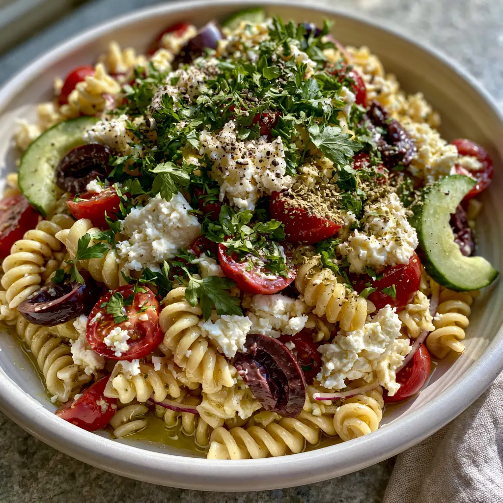 Summer Pasta Salad with Zesty Lemon-Herb Vinaigrette and Feta 2 Close up shot of glistening rotini pasta with lemon herb vinaigrette and fresh vegetables. (summer pasta salad)