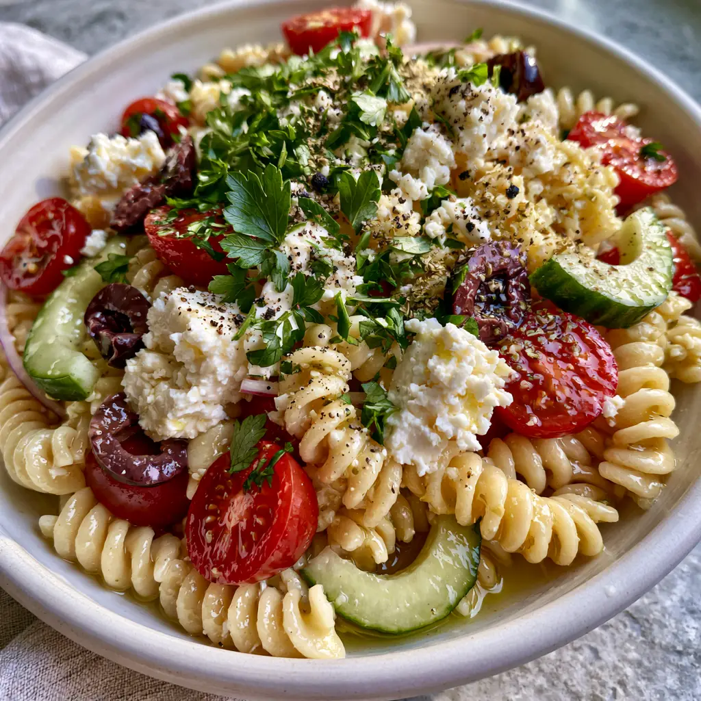 Summer Pasta Salad with Zesty Lemon-Herb Vinaigrette and Feta 1 A wide 45-degree angle shot of Mediterranean summer pasta salad in an artisanal white ceramic bowl.