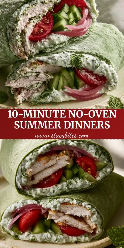 Summer Dinner Ideas: Chilled Lemon-Herb Chicken Wraps with Creamy Tzatziki 4 A close-up of gourmet lemon-herb chicken spinach wraps stacked on a plate. (summer dinner ideas)